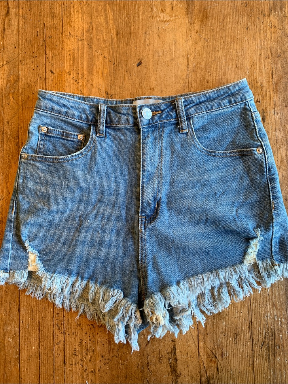 Women's High-Rise Frayed Hem Denim Shorts - Blue